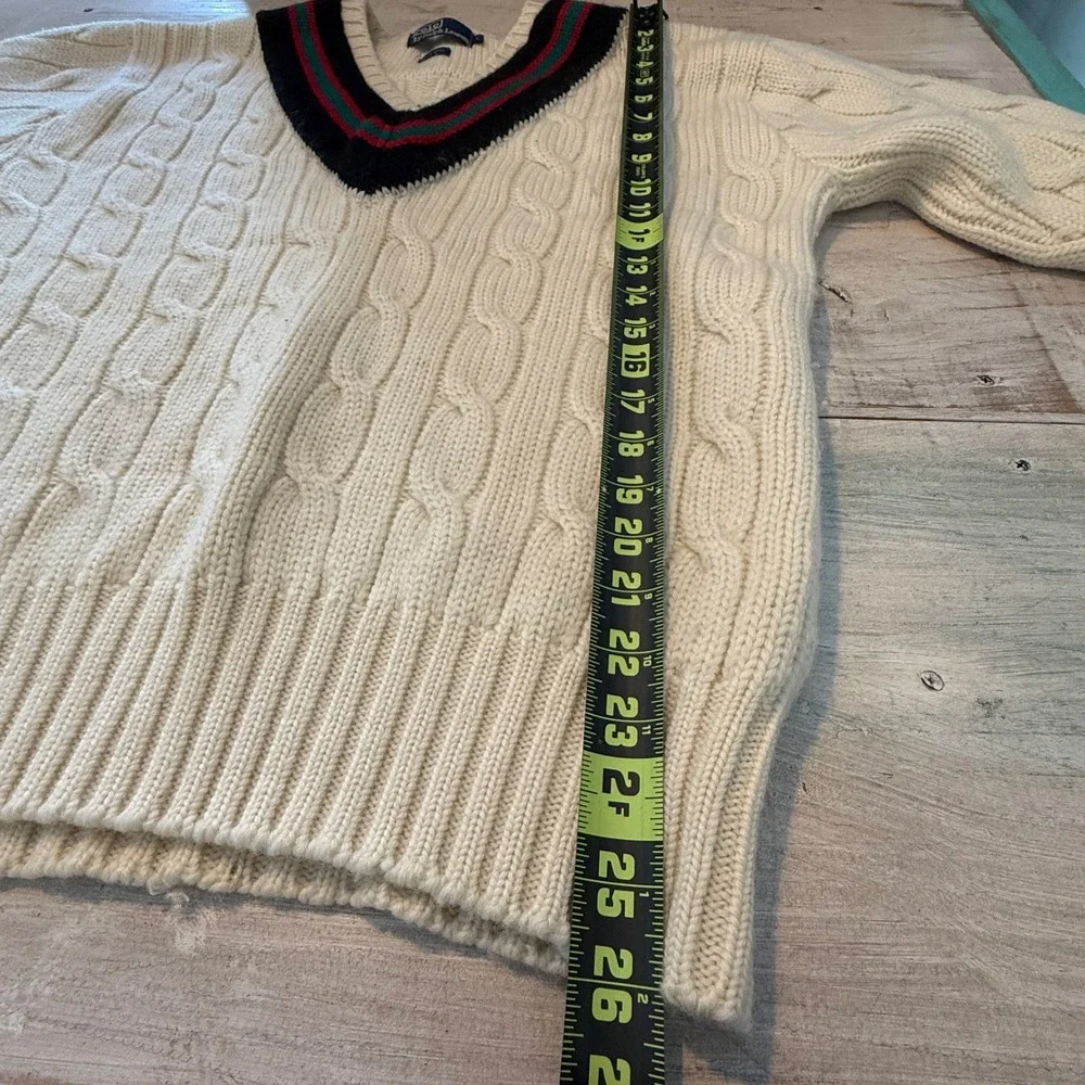 Vintage Polo Ralph Lauren 100% Wool Cable Knit Tennis Sweater Cream Mens Large‎